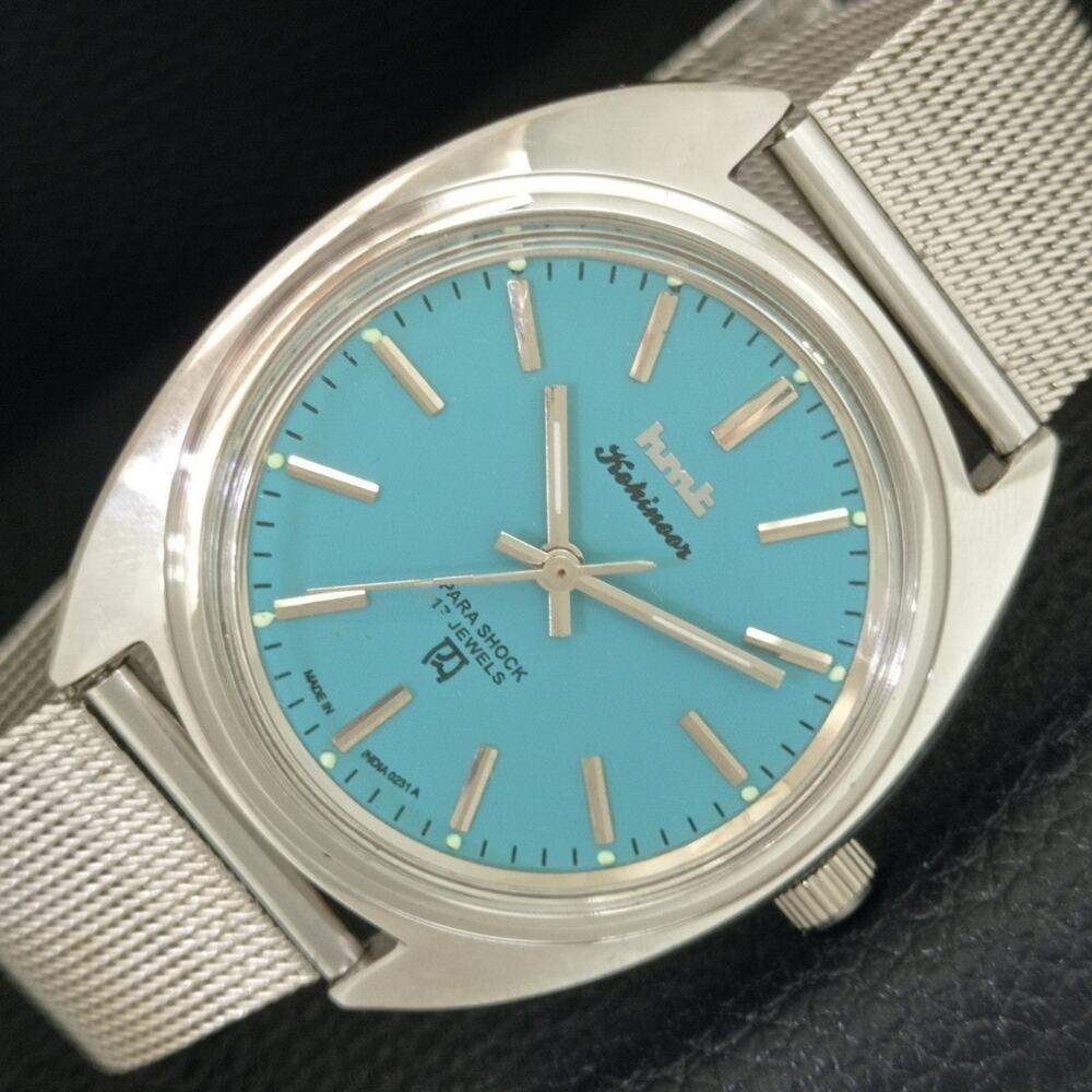 Vintage 1989 HMT Manual Wound Mens Silver Watch & Blue accents